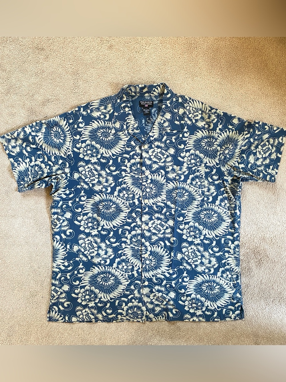 Polo Jeans Co. Ralph Lauren Blue Floral Hawaiian Button-Down Shirt Size Large